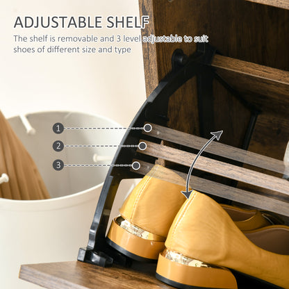 Shoe cabinet interior with adjustable shelf positions and yellow shoes in a flip drawer.