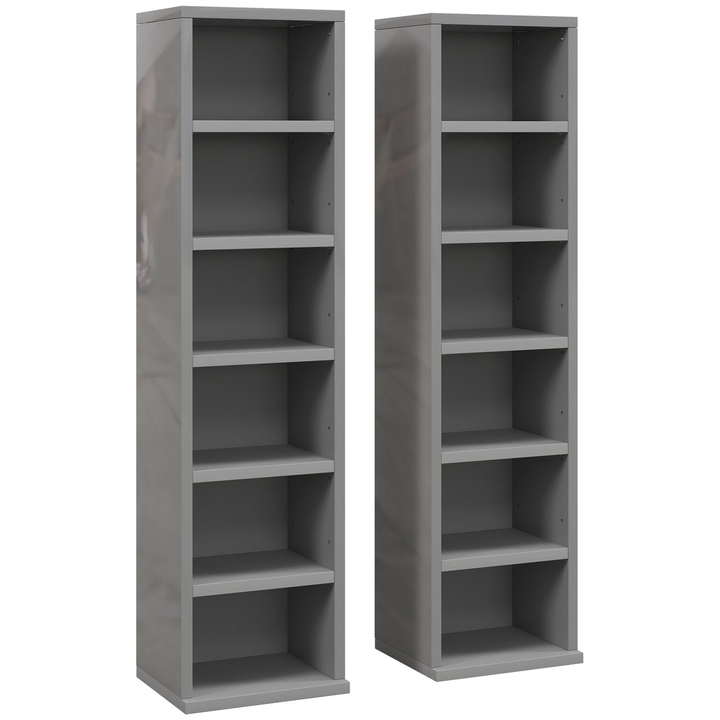 Photo of HOMCOM Set of 2 CD Media Display Shelf Unit Tower Rack with Adjustable Shelves, High Gloss Grey in Grey colour on a white background