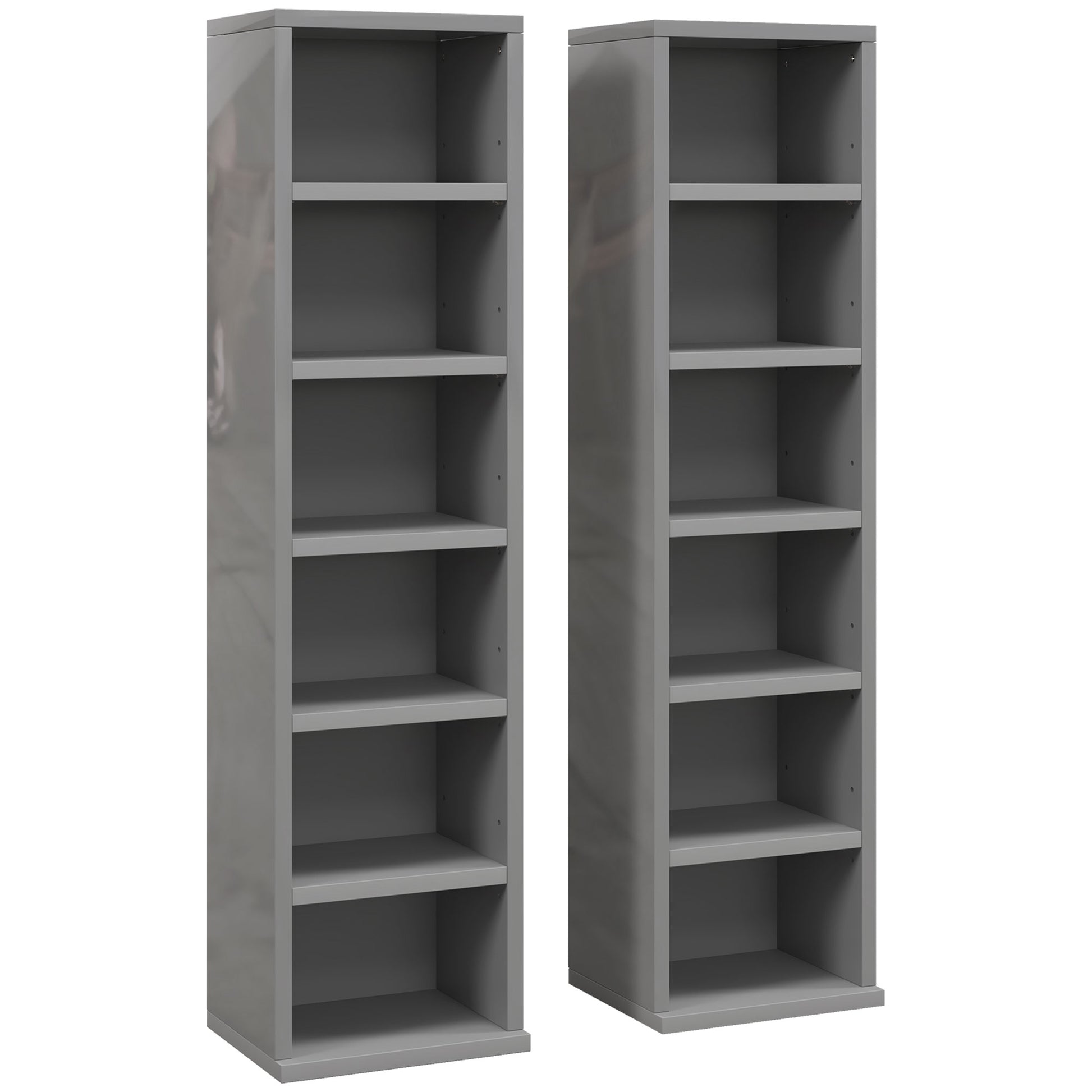 Photo of HOMCOM Set of 2 CD Media Display Shelf Unit Tower Rack with Adjustable Shelves, High Gloss Grey in Grey colour on a white background