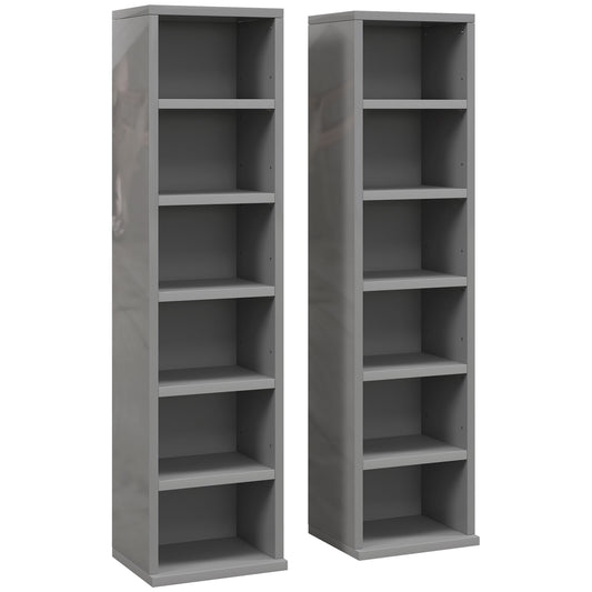 Photo of HOMCOM Set of 2 CD Media Display Shelf Unit Tower Rack with Adjustable Shelves, High Gloss Grey in Grey colour on a white background
