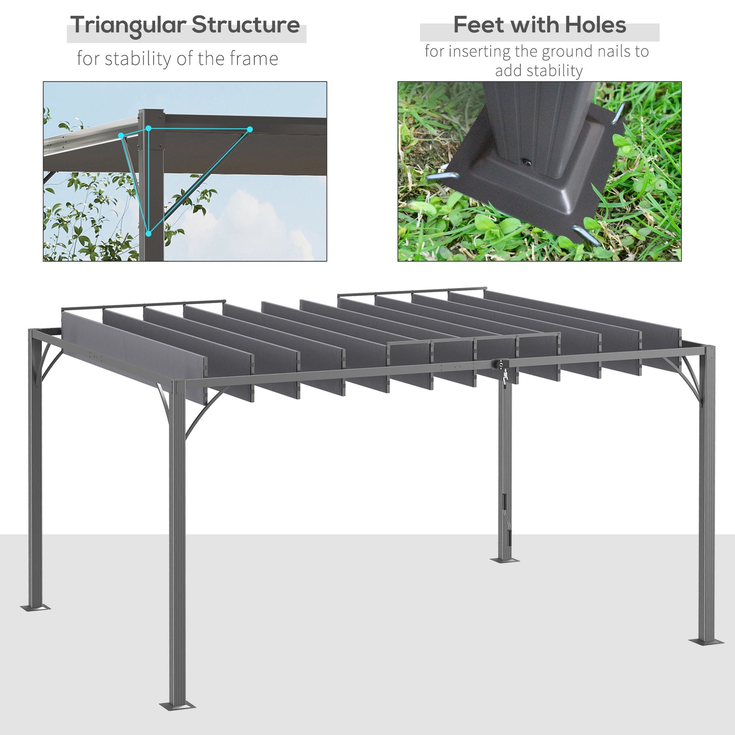 Outsunny 4 x 3(m) Outdoor Pergola with Retractable Roof, Aluminium Louvered Patio Gazebo Canopy for Garden, Patio, Grey