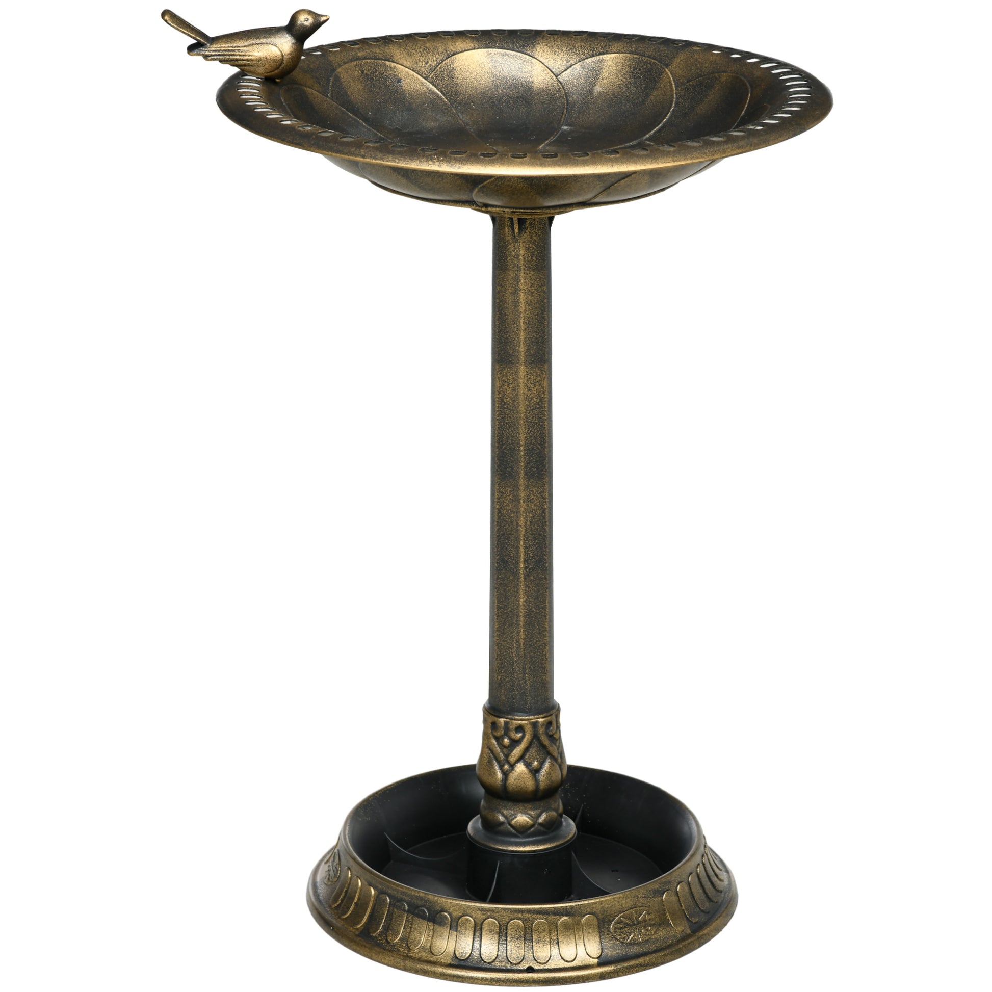 Photo of Outsunny 72cm Tall Antique Bird Bath for Garden, Vintage Style Birdbath with Bird Decoration and Flower Planter Base, Bird Bath Bowl for Outdoor, Bronze Tone in Tone colour on a white background