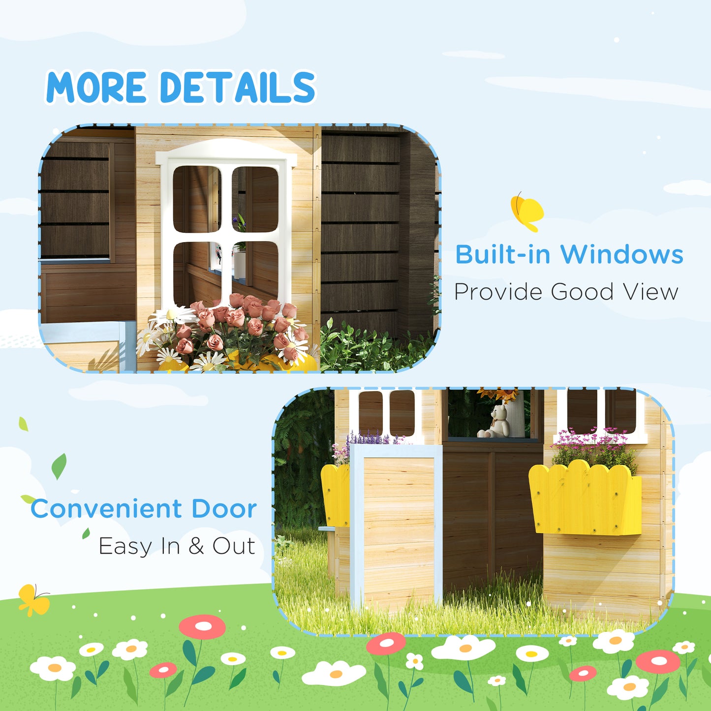 Outsunny Wooden Playhouse, Wendy House with Door, Bench, Flowerpot Holder, for Ages 3-7 Years, Blue