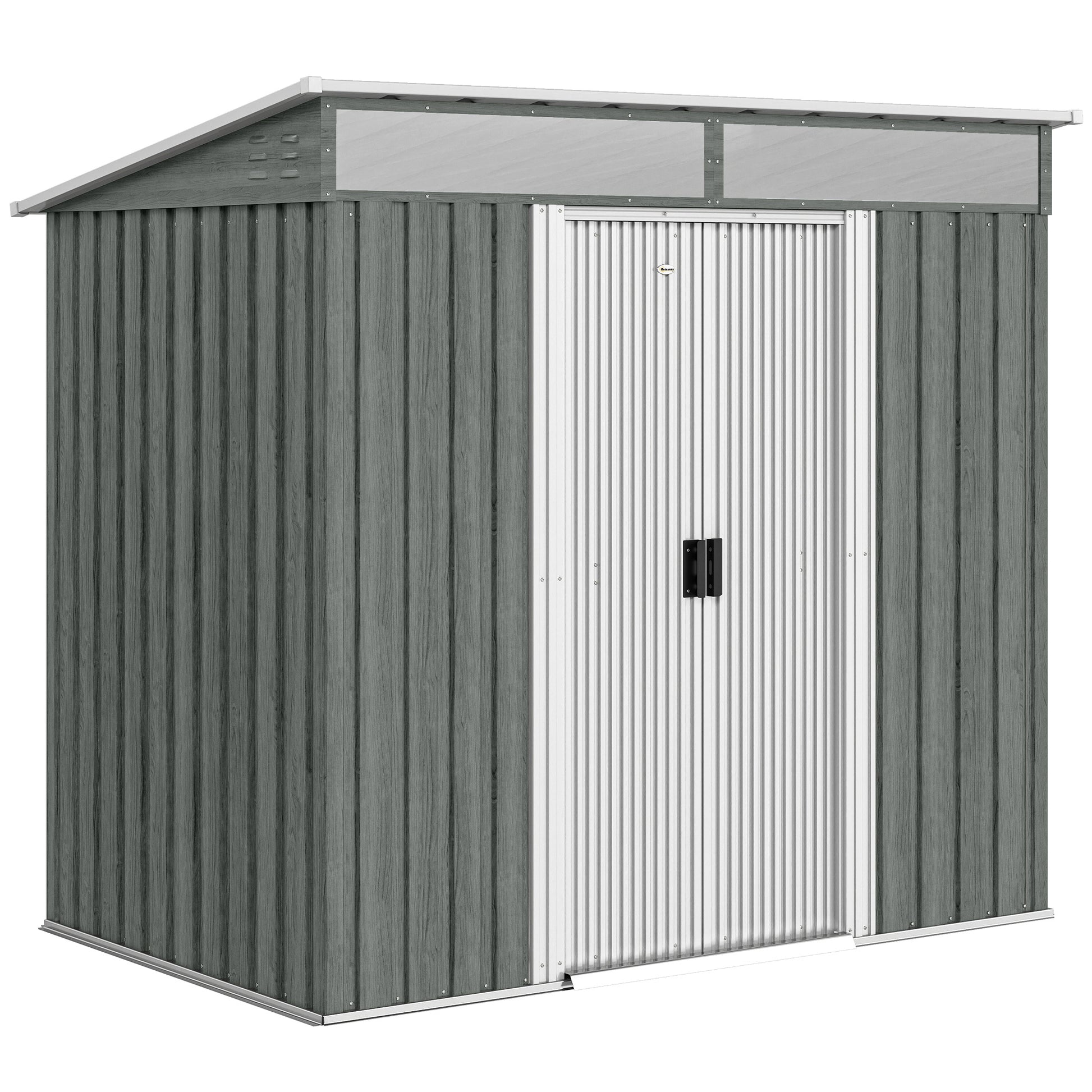 Photo of Outsunny 6.5 x 4FT Galvanised Metal Shed with Foundation Kit, Lockable Tool Garden Shed with Double Sliding Doors, Vents, Light Grey Wood Effect in Effect colour on a white background
