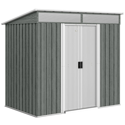 Photo of Outsunny 6.5 x 4FT Galvanised Metal Shed with Foundation Kit, Lockable Tool Garden Shed with Double Sliding Doors, Vents, Light Grey Wood Effect in Effect colour on a white background