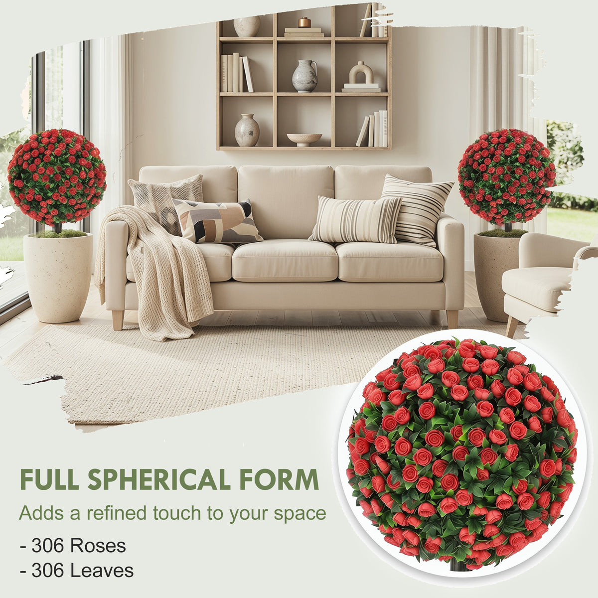 HOMCOM Artificial Rose Topiary UV Resistant, 2-Pack Fake Plants, 55 cm, Red