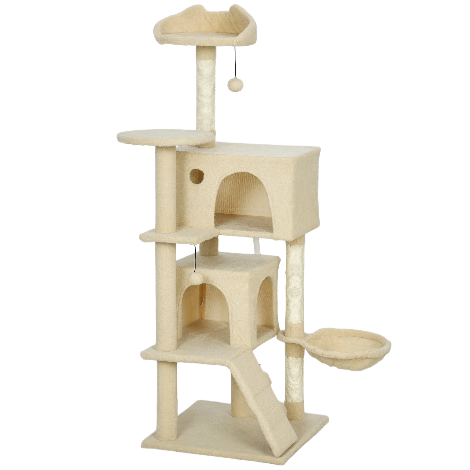 Photo of PawHut 140cm Large Cat Tree Tower with Sisal Scratching Posts, Plush Perches, Hammock, Beige in Beige colour on a white background