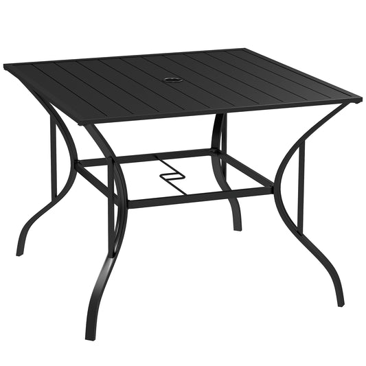 Photo of Outsunny 94 x 94 cm Garden Table with Parasol Hole, Outdoor Dining Garden Table for Four with Slatted Metal Plate Top, Black in Black colour on a white background
