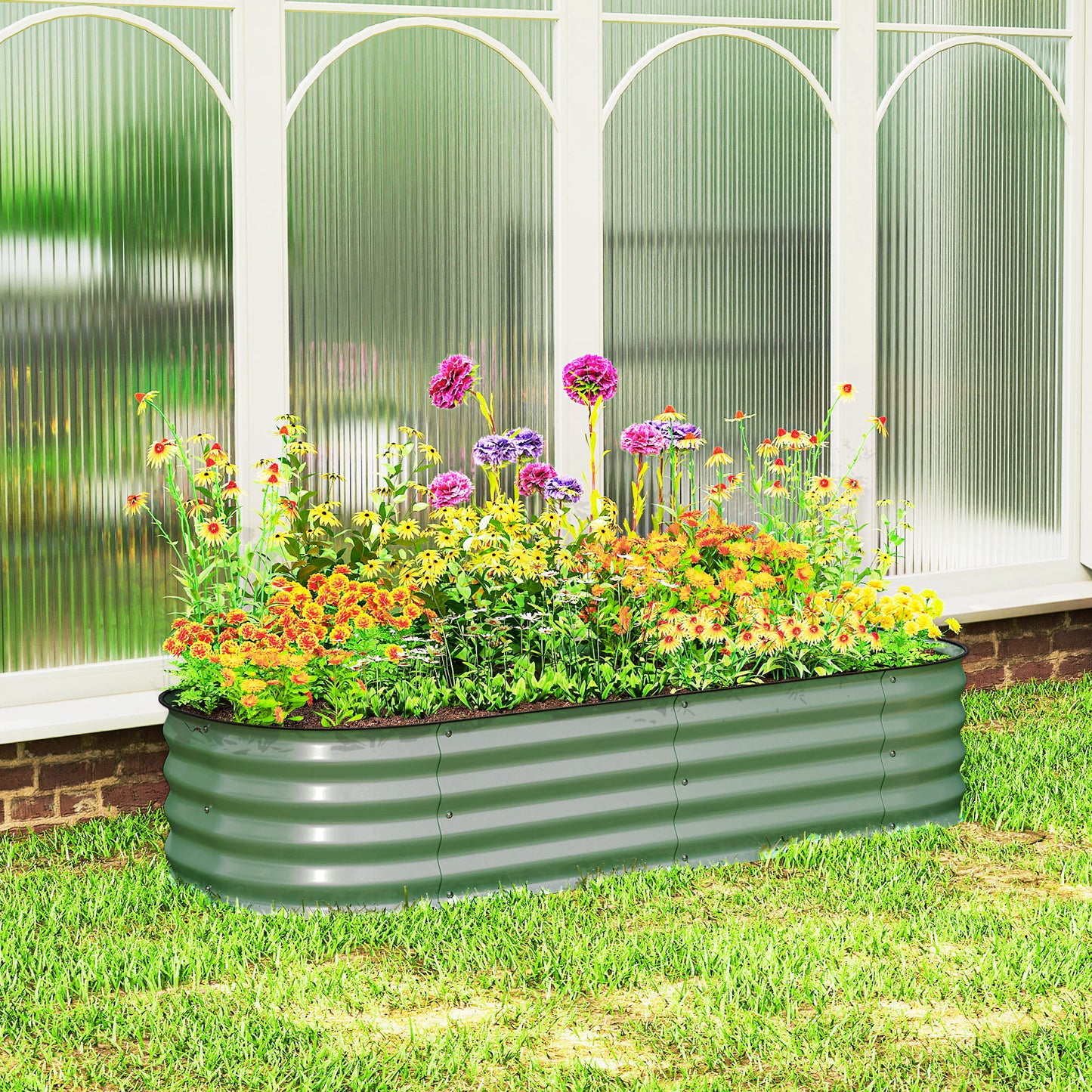 Outsunny Galvanised Raised Garden Bed, Metal Planter Box with Safety Edging, for Flowers, Herbs, Succulents, Green