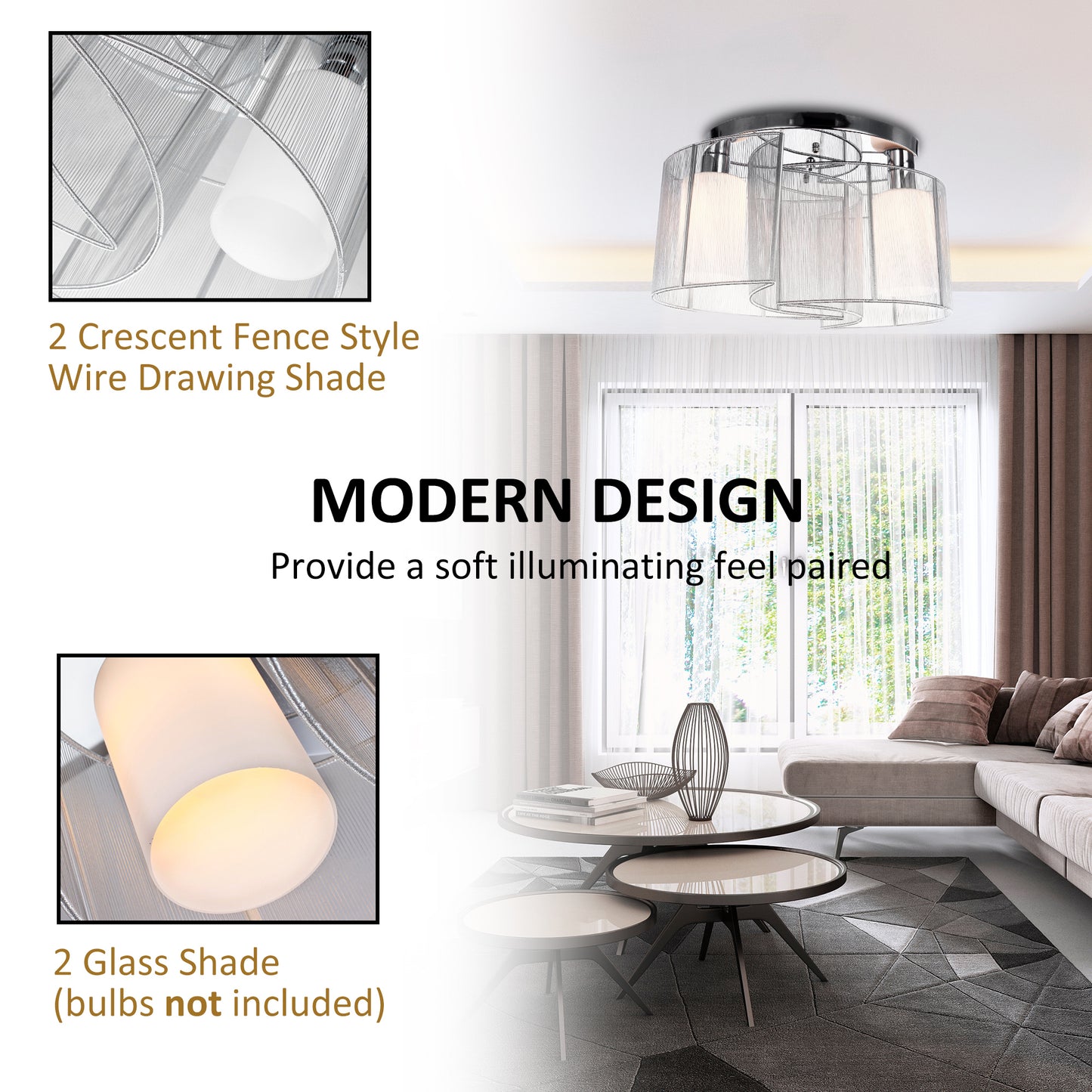 HOMCOM Modern Chandelier, Semi-Flush Mount Ceiling Light with Glass Lampshade, 2 x E27 Bulb Base for Hallway, Dining Room, Living Room, White and Silver