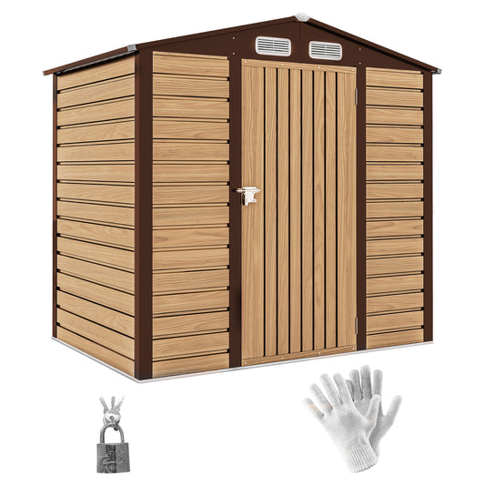 Photo of Outsunny 4 x 6ft Galvanised Steel Garden Shed, with Lock and Gloves - Oak in Oak colour on a white background