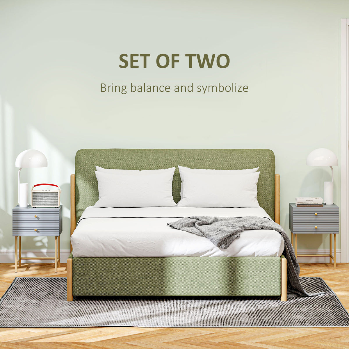 Pair of grey HOMCOM bedside tables with gold-tone legs shown beside a bed