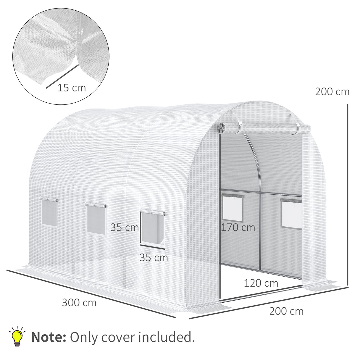 Outsunny white greenhouse replacement cover shown fitted, with dimensions and extended edges