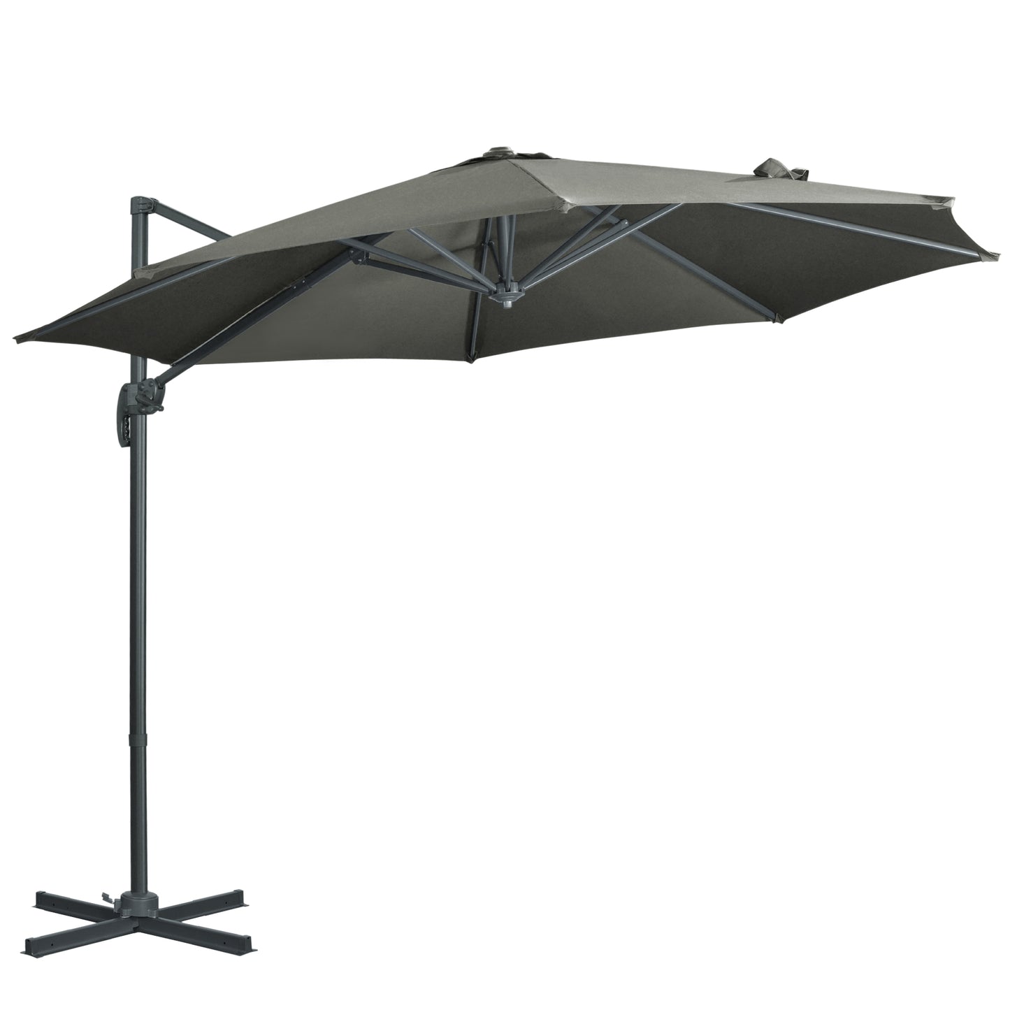 Photo of Outsunny 3 x 3(m) Cantilever Parasol with Cross Base, Garden Umbrella with 360° Rotation, Crank Handle and Tilt for Outdoor, Patio, Grey in Grey colour on a white background