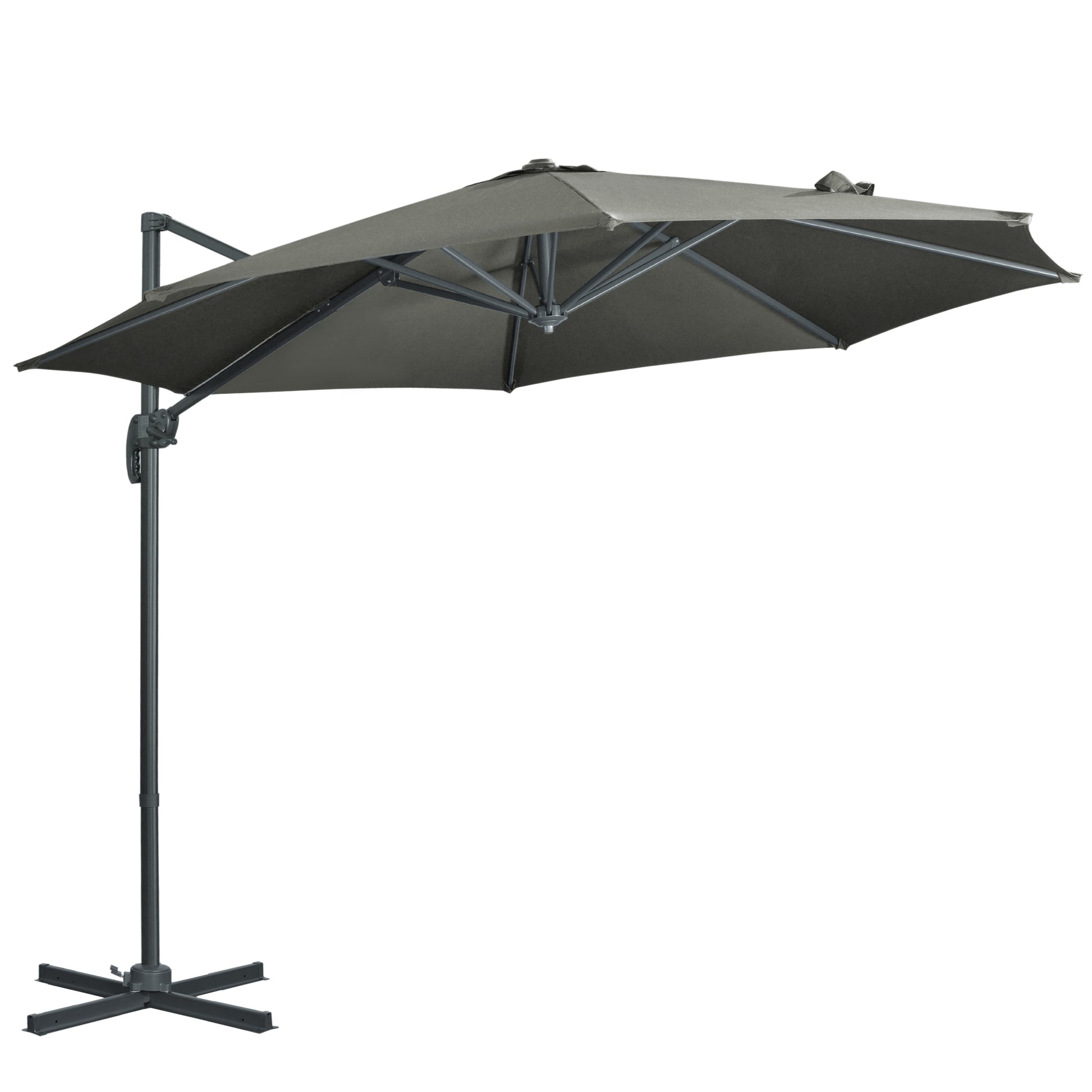 Photo of Outsunny 3 x 3(m) Cantilever Parasol with Cross Base, Garden Umbrella with 360° Rotation, Crank Handle and Tilt for Outdoor, Patio, Grey in Grey colour on a white background