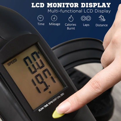 HOMCOM pedal exerciser LCD monitor close-up with a finger pressing the display button