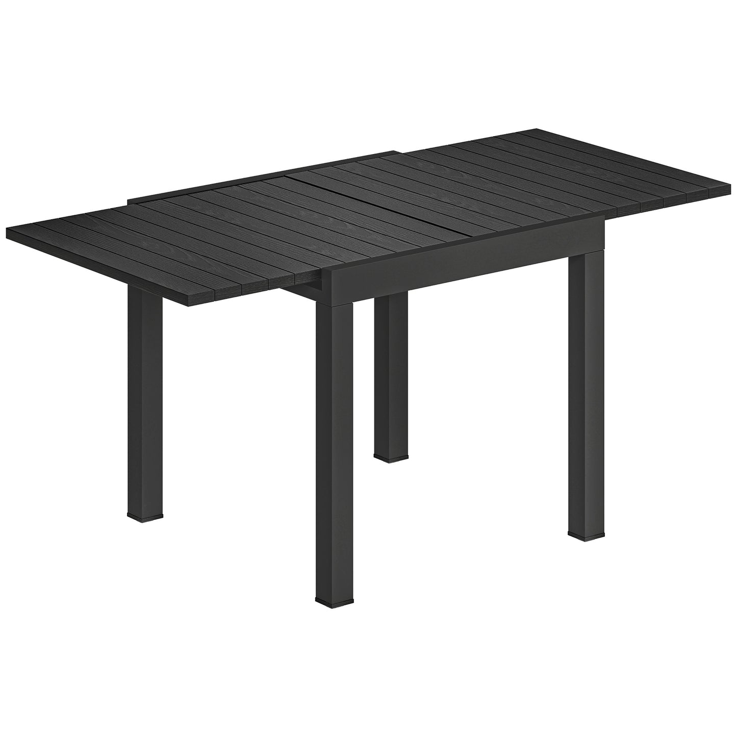 Photo of Outsunny Extending Garden Table for 4-6, Aluminium Outdoor Dining Table with Faux Wood Slatted Top, Black in Black colour on a white background