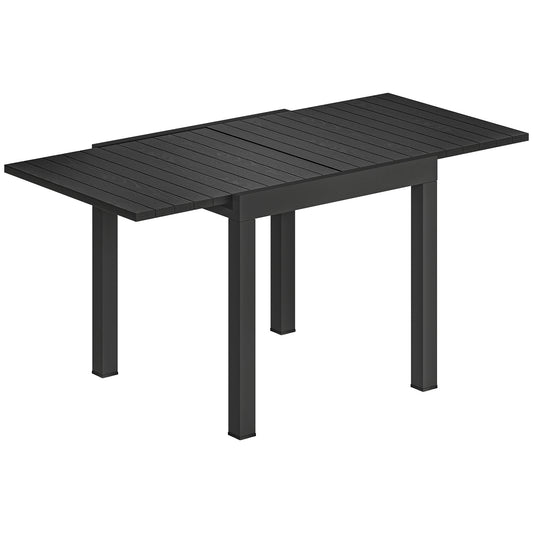 Photo of Outsunny Extending Garden Table for 4-6, Aluminium Outdoor Dining Table with Faux Wood Slatted Top, Black in Black colour on a white background