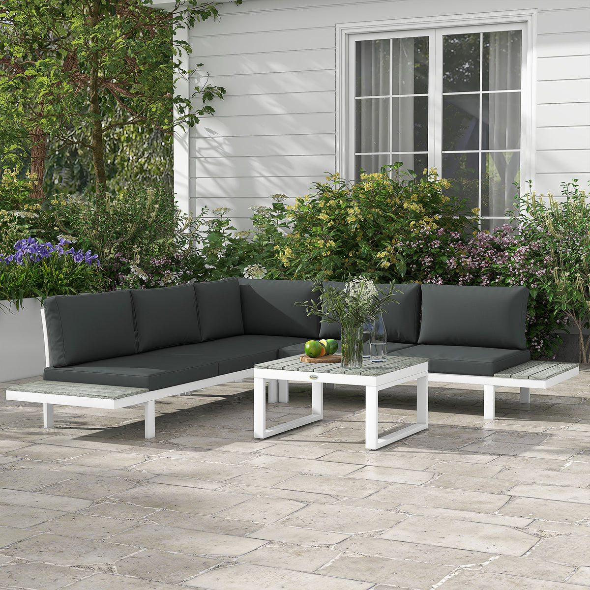 Outsunny 4 Pieces Garden Furniture Set, 5-Level Reclining Garden Corner Sofa Set, Outdoor Lounge Conversation Sectional with Cushions, Wood Effect Plastic Table, White Frame & Grey Cushion