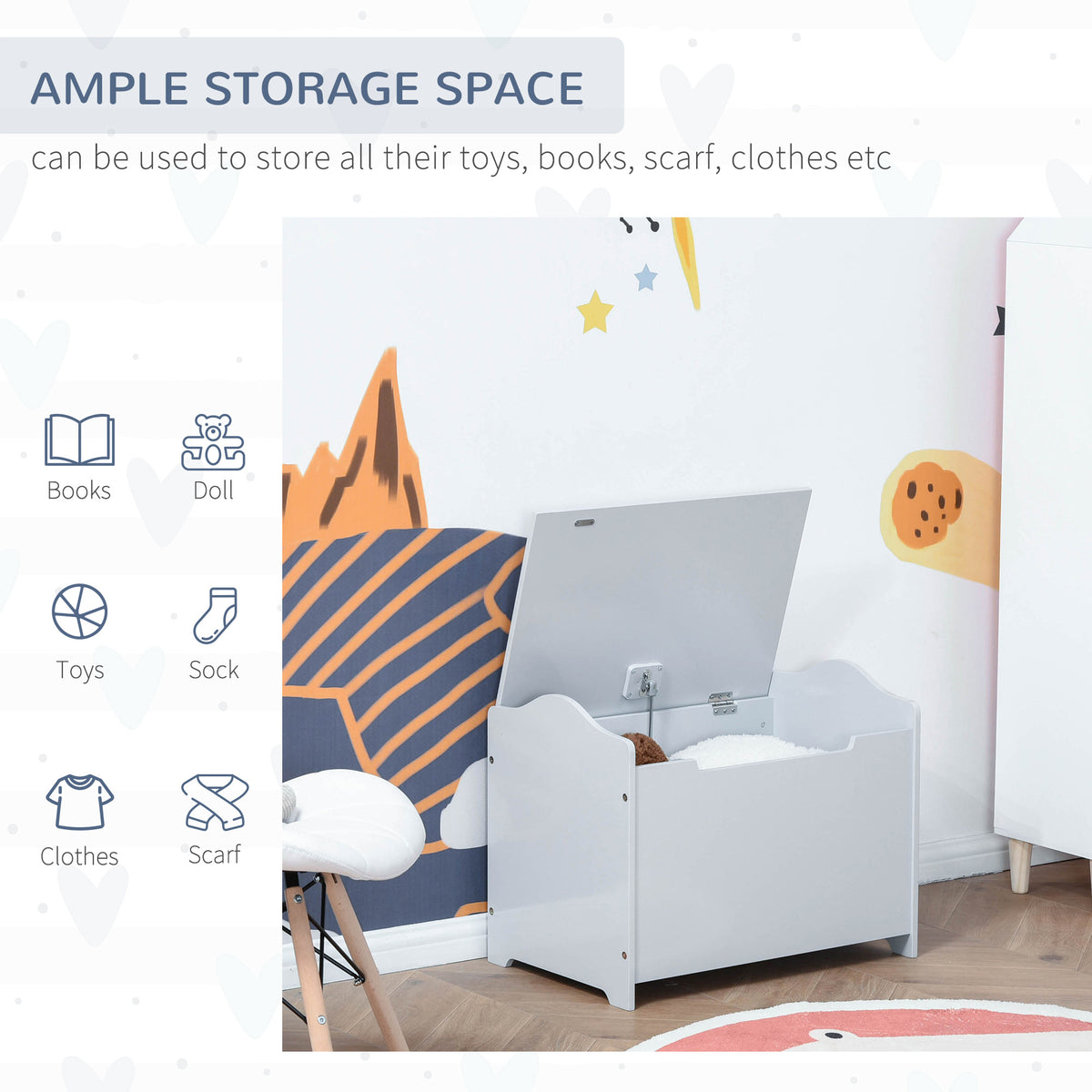 Grey toy chest with open lid and spacious interior for storing toys, books and clothes