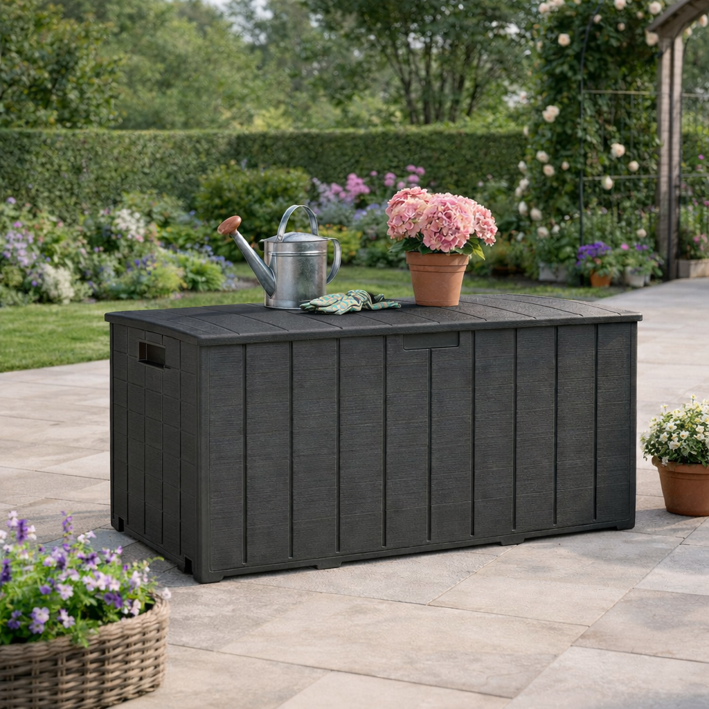 Outsunny 336 Litre Garden Storage Box, Water-resistant Heavy Duty Double Wall Plastic Container, Extra Large Outdoor Garden Furniture Organizer, Deck Cushion Chest with Wheels and Handles, Black