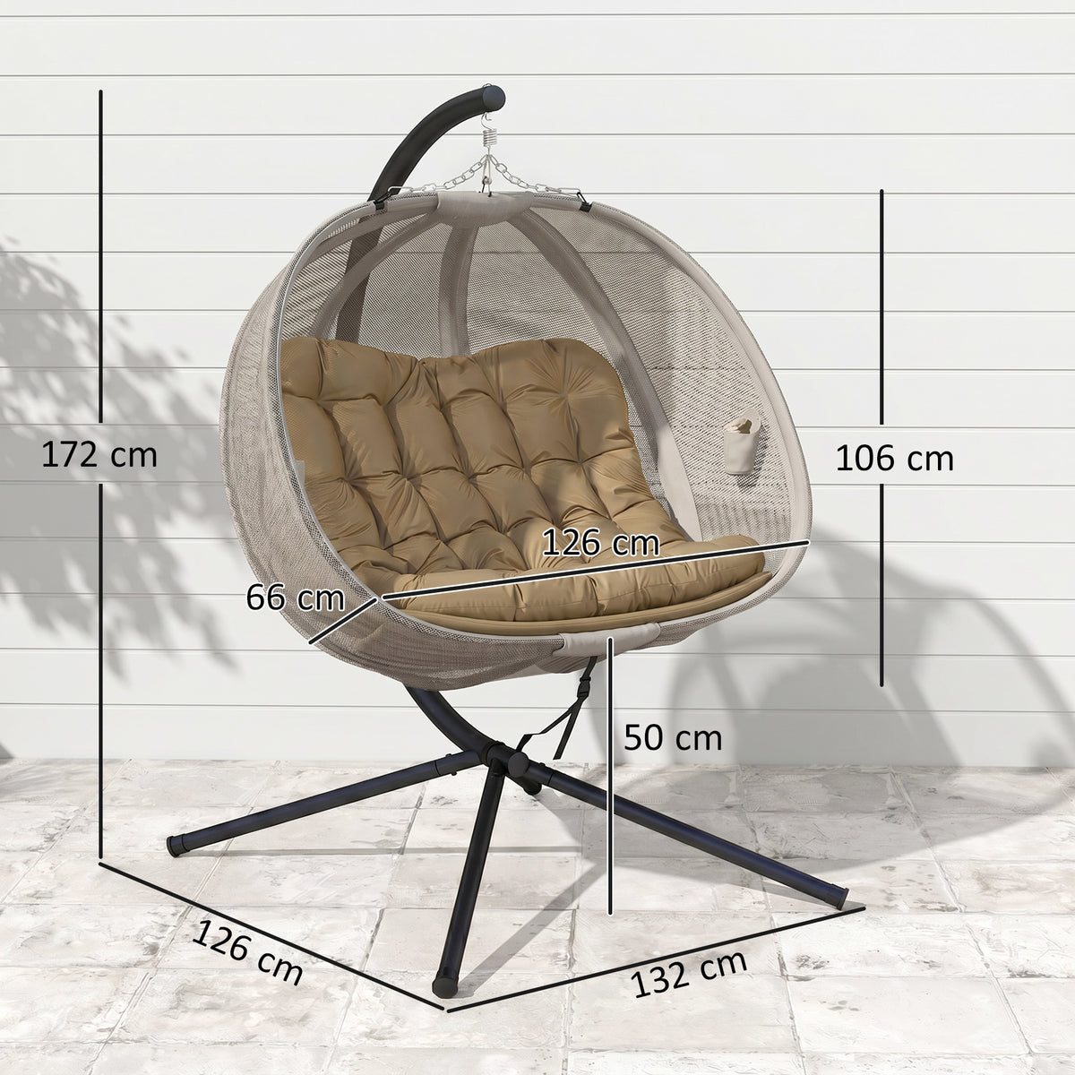Outsunny hanging egg chair with brown cushions and dimensions marked