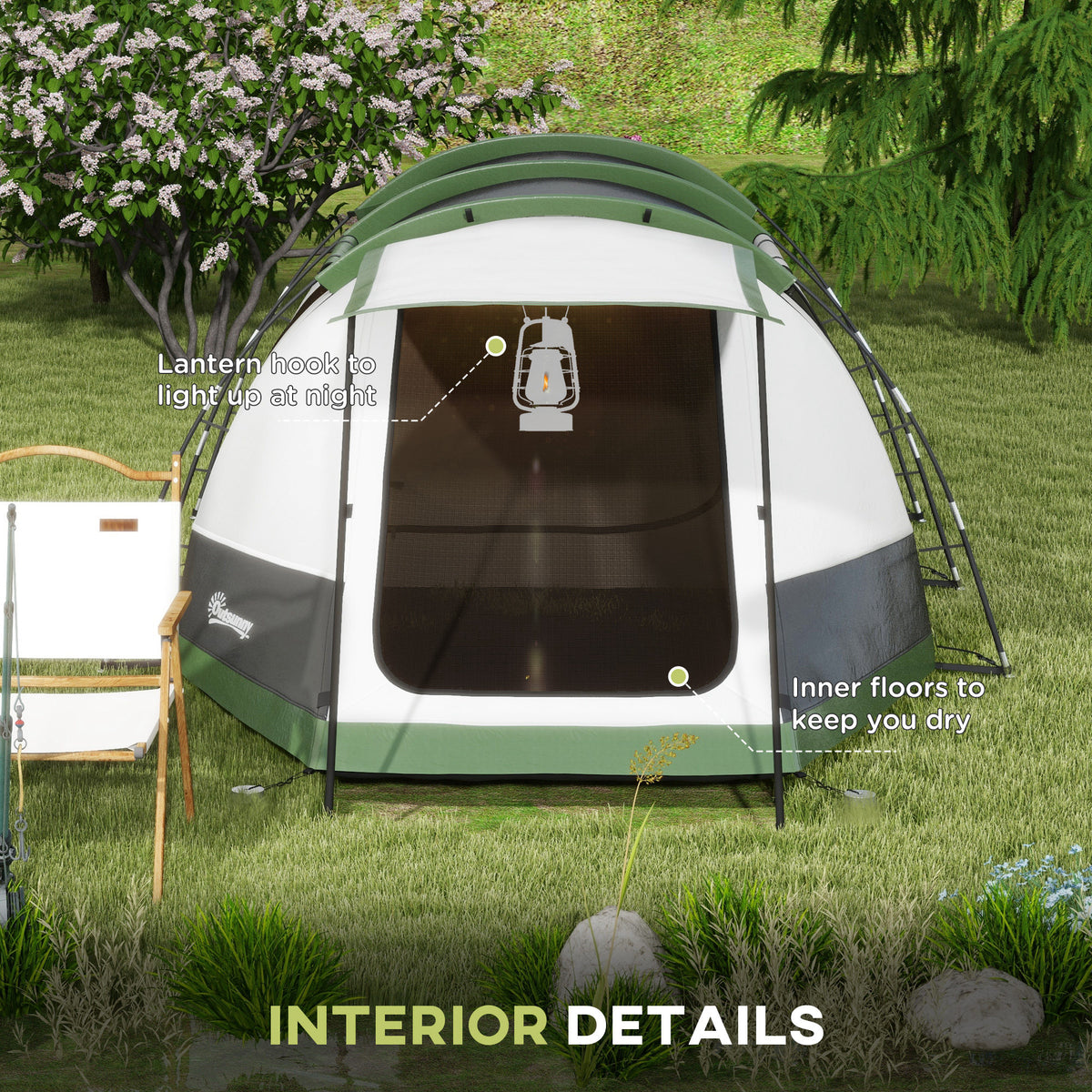 Outsunny 2 Man Camping Tent, with Two Rooms and Porch - Green
