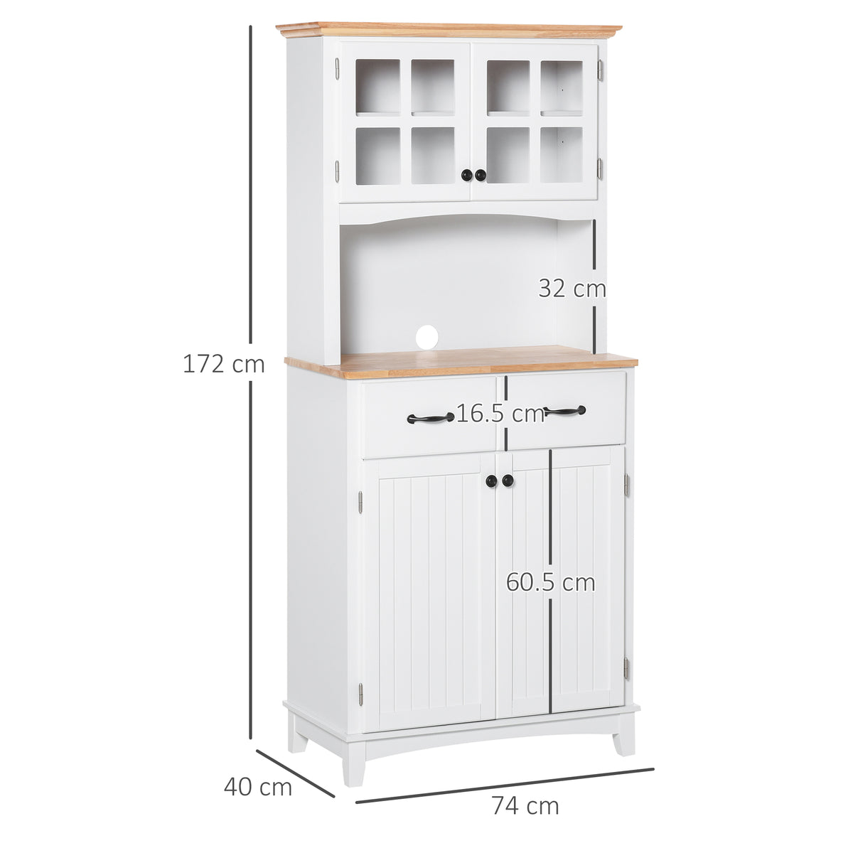 HOMCOM Freestanding Kitchen Cupboard, Kitchen Storage Cabinet with Framed Glass Doors, 2 Drawers, Microwave Counter, 172cm, White