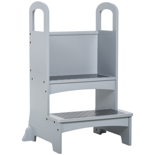 Photo of HOMCOM Kids Wooden Step Stool Kitchen Helper w/ Non-Slip Panels Handles Child Toddler Home Help 3 - 8 Yrs Grey in Grey colour on a white background