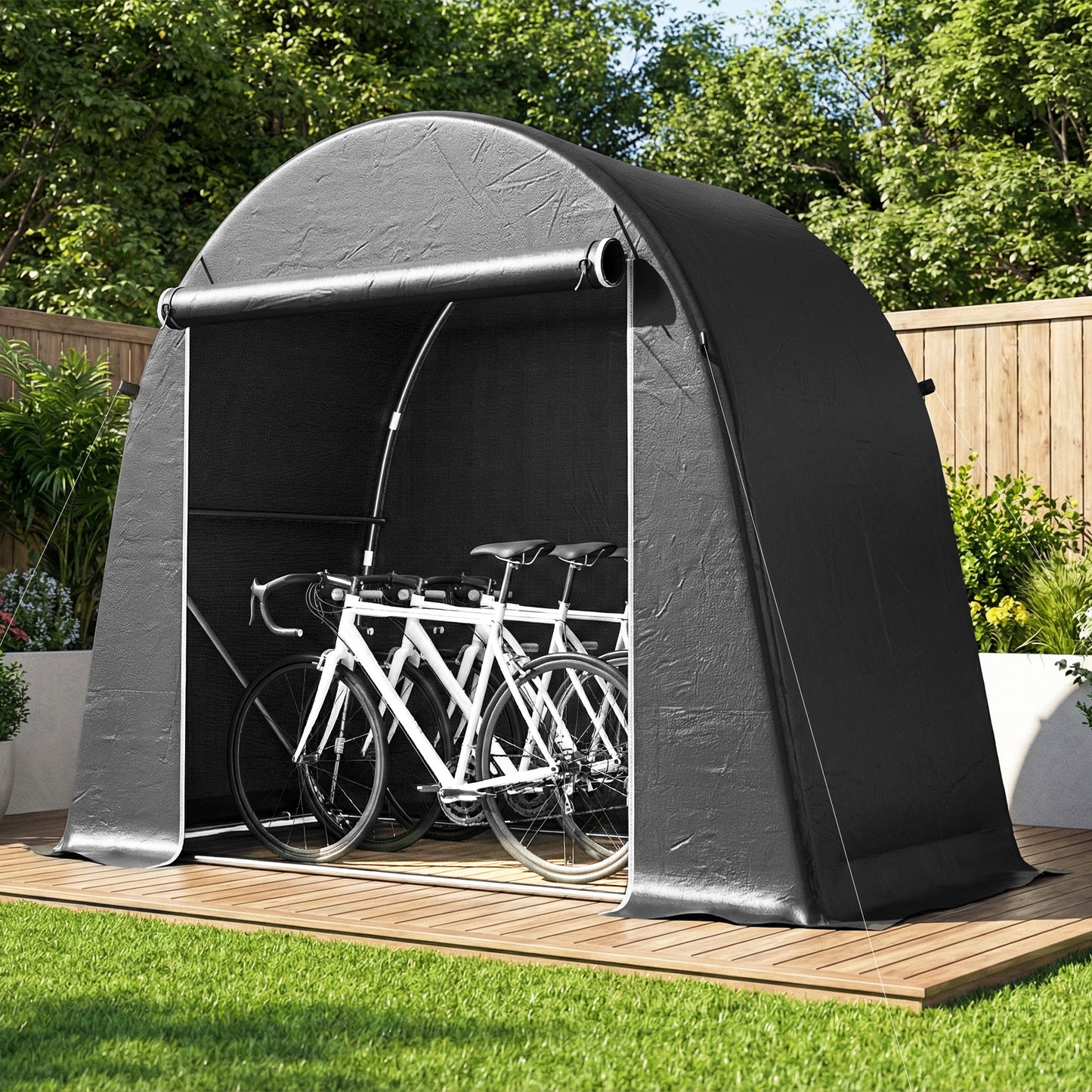 Outsunny 8 x 4 ft Garden Storage Tent, Waterproof Bike Tent with Roll-up Zipper Door and Galvanised Metal Frame, Dark Grey