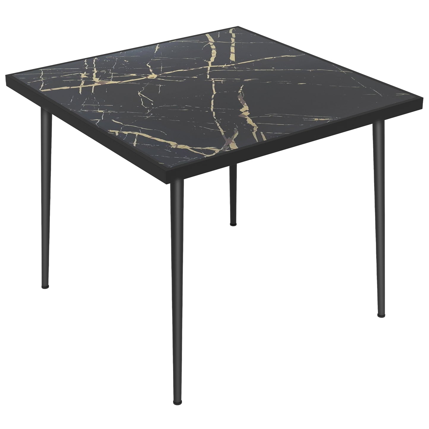 Photo of Outsunny Square Garden Table, Outdoor Dining Table for 4 with Marble Effect Tempered Glass Top and Steel Frame for Patio, Black in Black colour on a white background