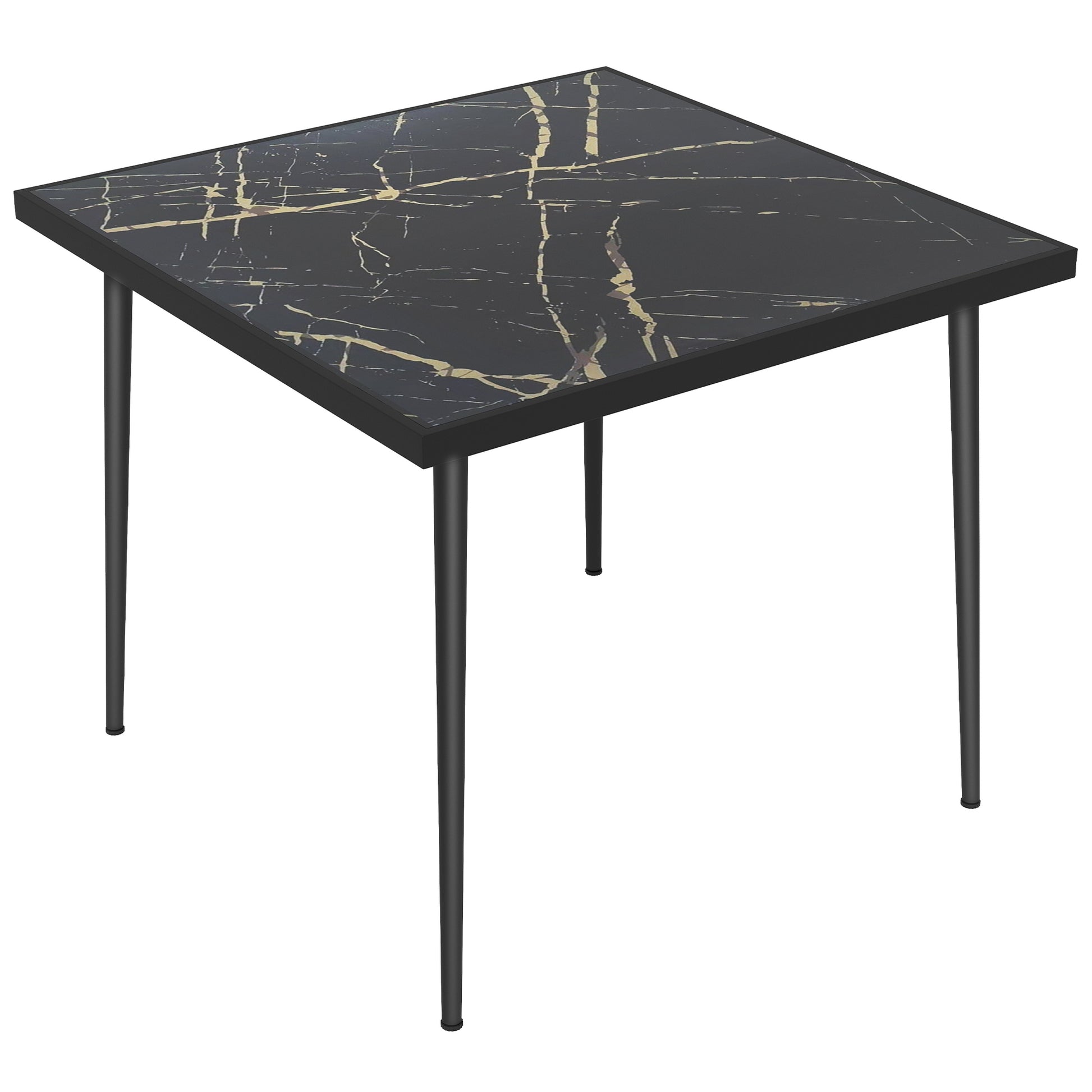 Photo of Outsunny Square Garden Table, Outdoor Dining Table for 4 with Marble Effect Tempered Glass Top and Steel Frame for Patio, Black in Black colour on a white background