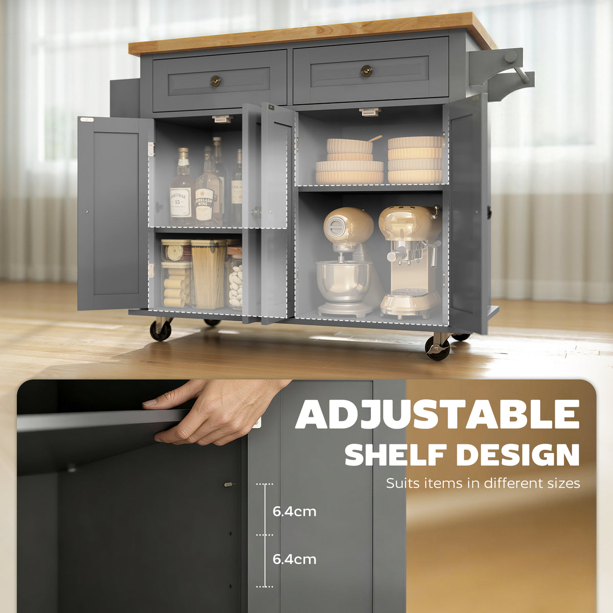 Open kitchen island cabinets with adjustable shelves and two upper drawers