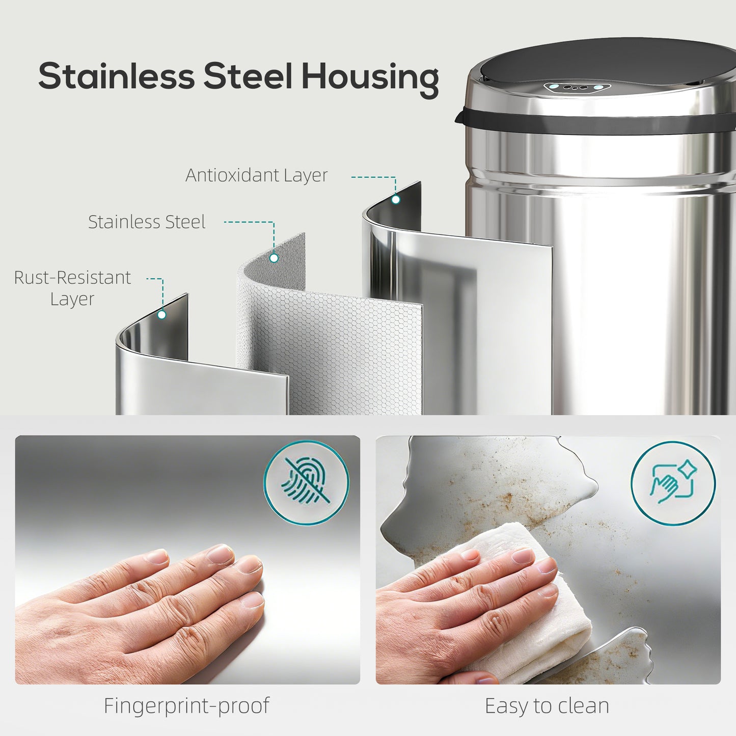 HOMCOM 42L Automatic Motion Sensor Rubbish Bin with Fingerprint Resistant, Stainless Steel, Silver Tone