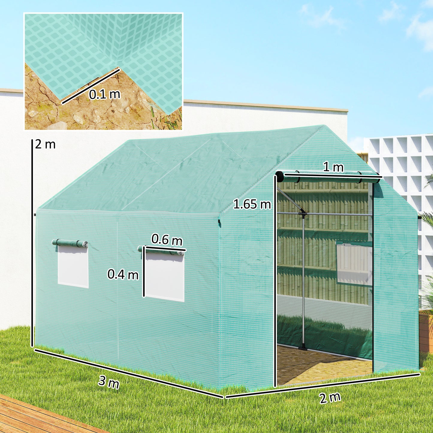 Outsunny Polyethylene Walk-in Polytunnel Greenhouse, 2 x 3(m), Green