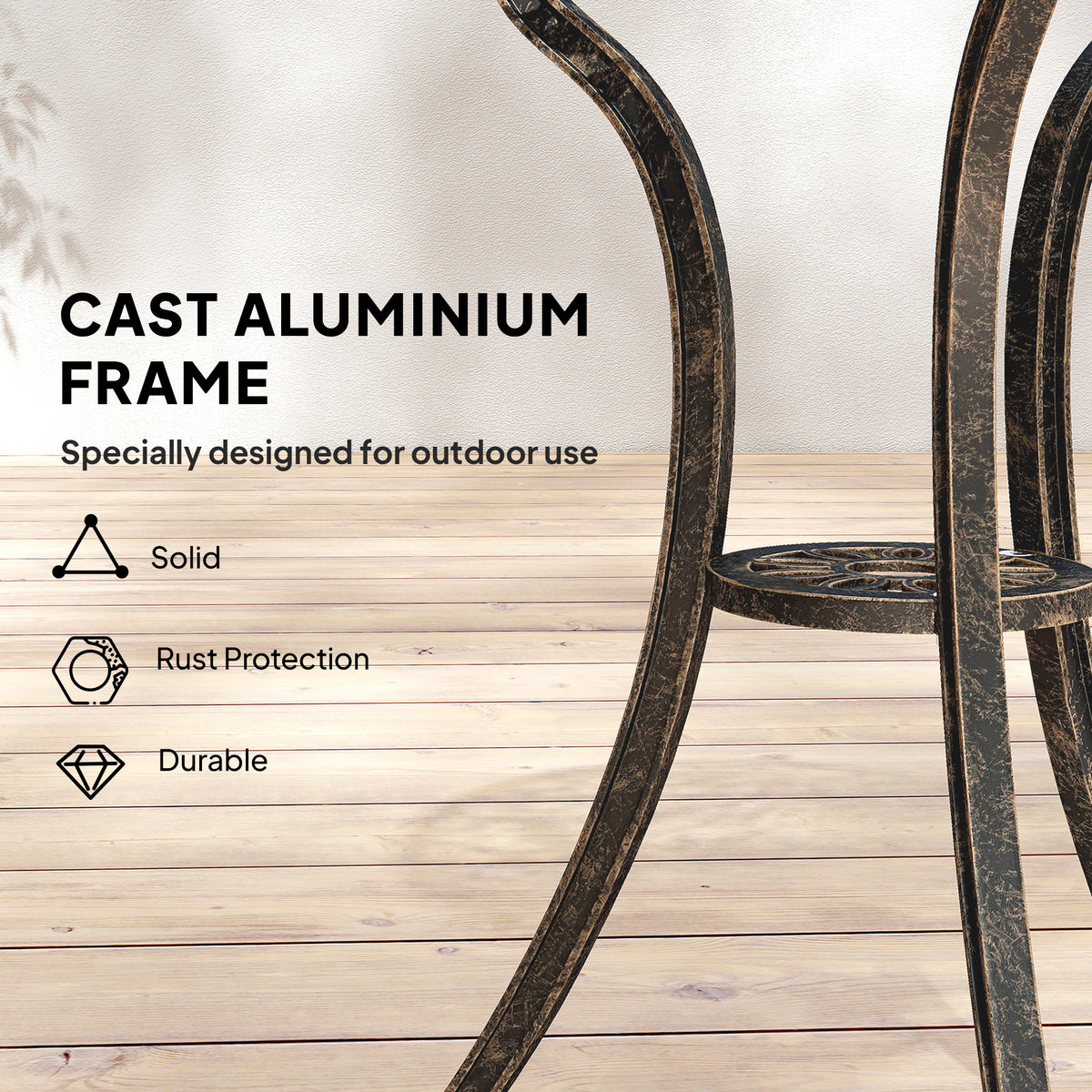Outsunny 3 Piece Patio Cast Aluminium Bistro Set Garden Outdoor Furniture Table and Chairs Shabby Chic Style, Bronze Tone