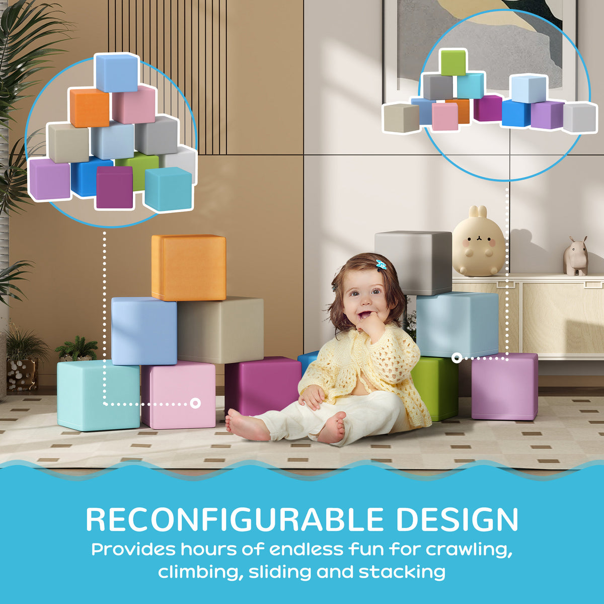 HOMCOM soft play blocks in alternate arrangements beside a seated child