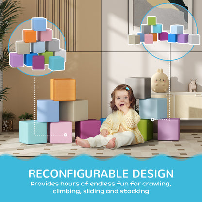 HOMCOM soft play blocks in alternate arrangements beside a seated child