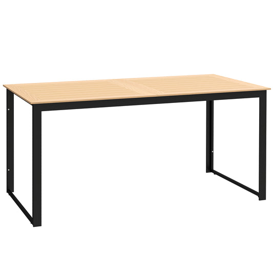 Photo of Outsunny Garden Table for 6 People, 160 x 80 x 75 cm Rectangle Outdoor Dining Table with Slatted Top, Metal Frame, for Balcony, Deck, Teak in Teak colour on a white background