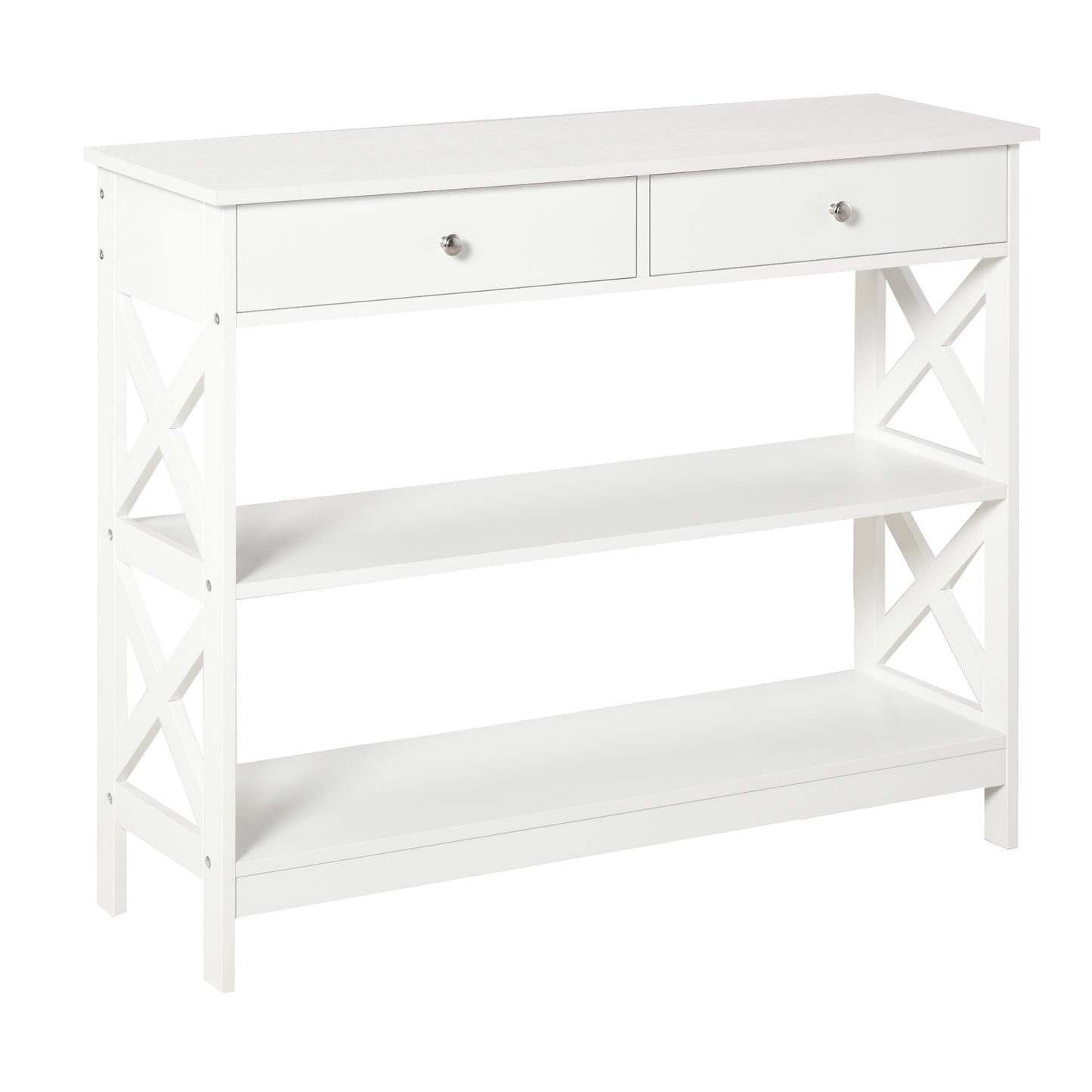 Photo of HOMCOM Console Table Side Desk w/ Shelves Drawers Open Top X Support Frame Living Room Hallway Home Office Furniture White in White colour on a white background