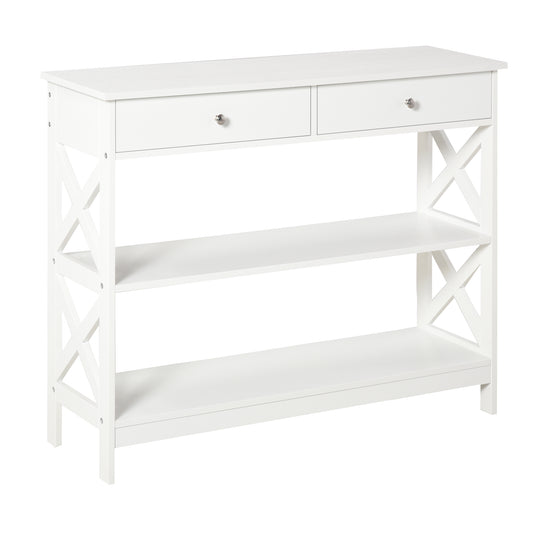 Photo of HOMCOM Console Table Side Desk w/ Shelves Drawers Open Top X Support Frame Living Room Hallway Home Office Furniture White in White colour on a white background