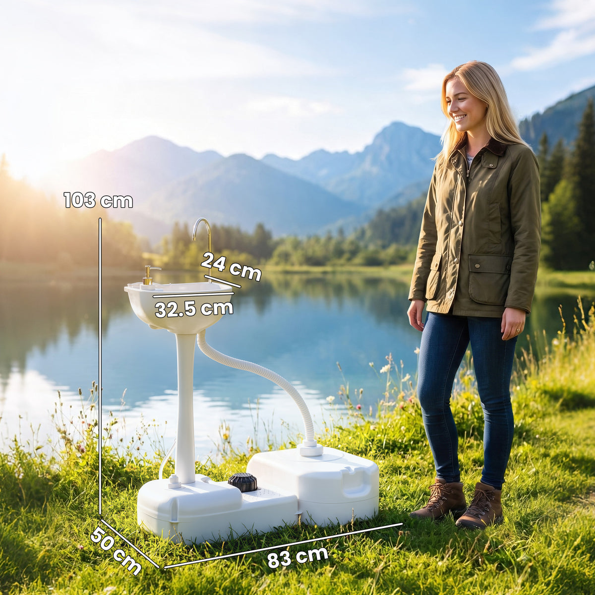 Outsunny portable camping sink with two tanks, shown with dimensions of 103 cm high and 83 cm wide