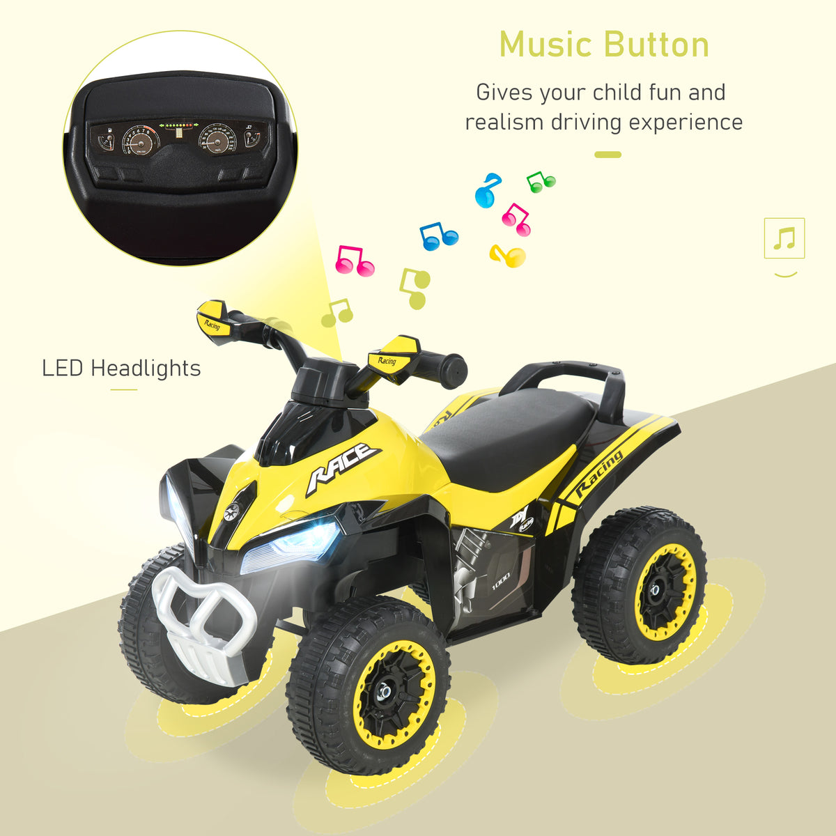 HOMCOM yellow ride-on toy car with illuminated LED headlights and a music button dashboard