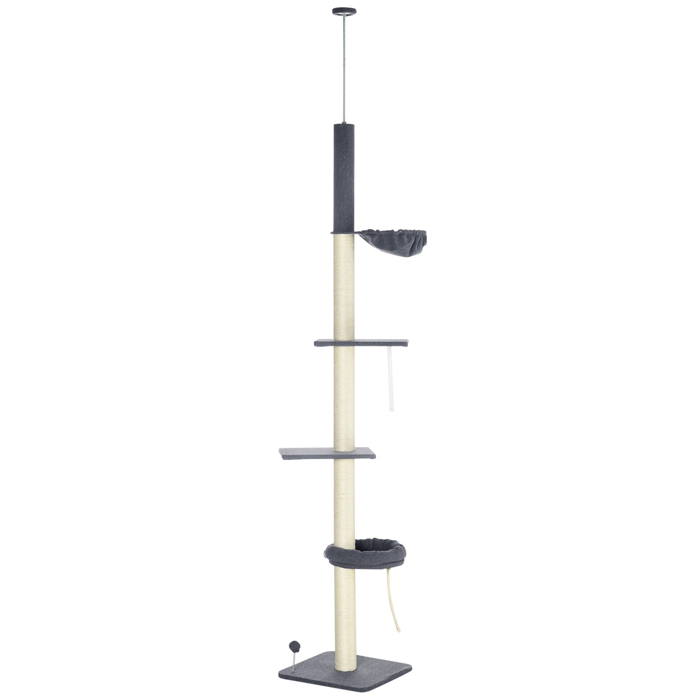Photo of PawHut 240-270cm Floor-To-Ceiling Cat Tree, 5 Tier Cat Climbing Tower, with Bed, Hammock, Platforms, Dark Grey and Cream in Cream colour on a white background