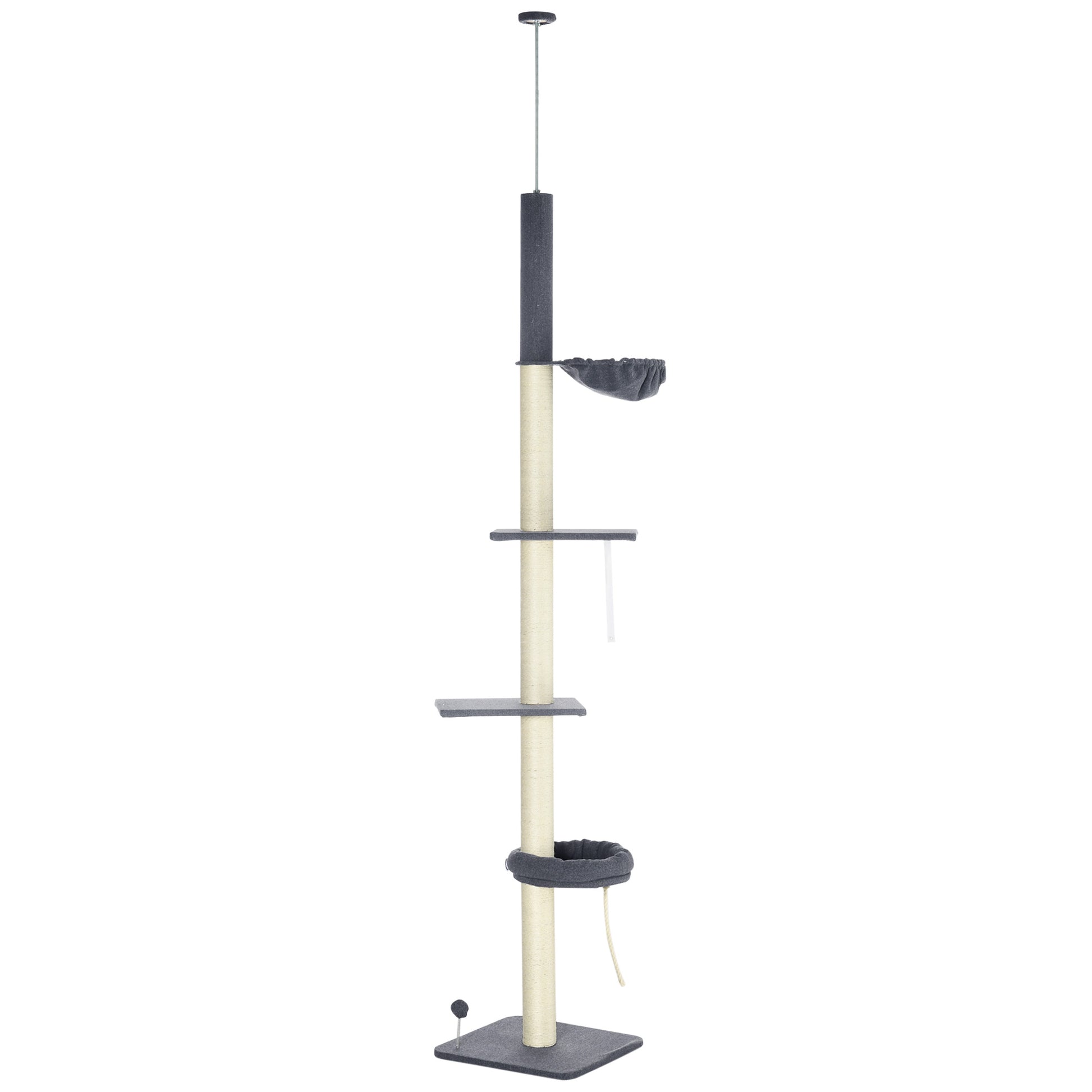 Photo of PawHut 240-270cm Floor-To-Ceiling Cat Tree, 5 Tier Cat Climbing Tower, with Bed, Hammock, Platforms, Dark Grey and Cream in Cream colour on a white background