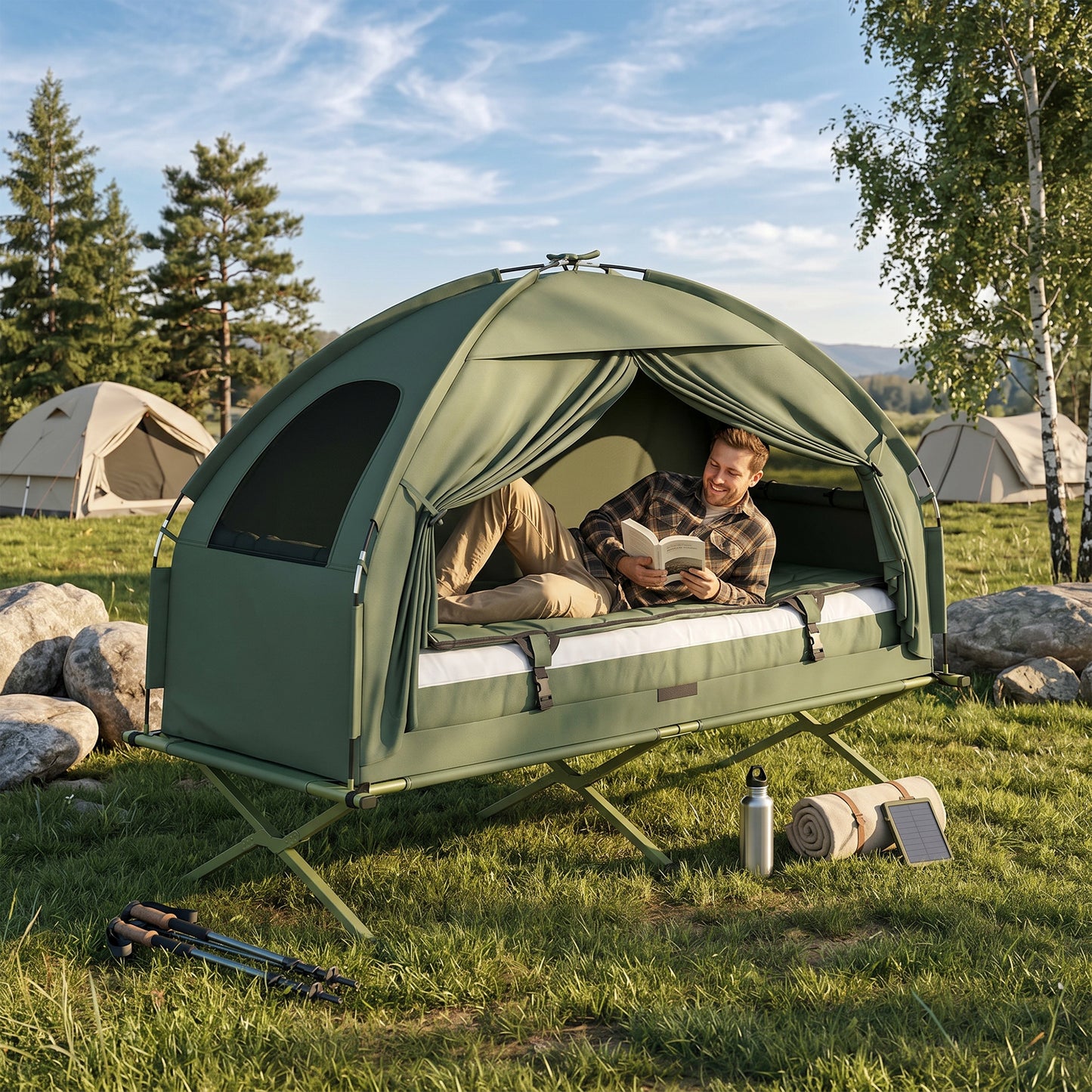 Outsunny 1 person Foldable Camping Tent w/Sleeping Bag Air Mattress Outdoor Hiking Picnic Bed cot w/Foot Pump