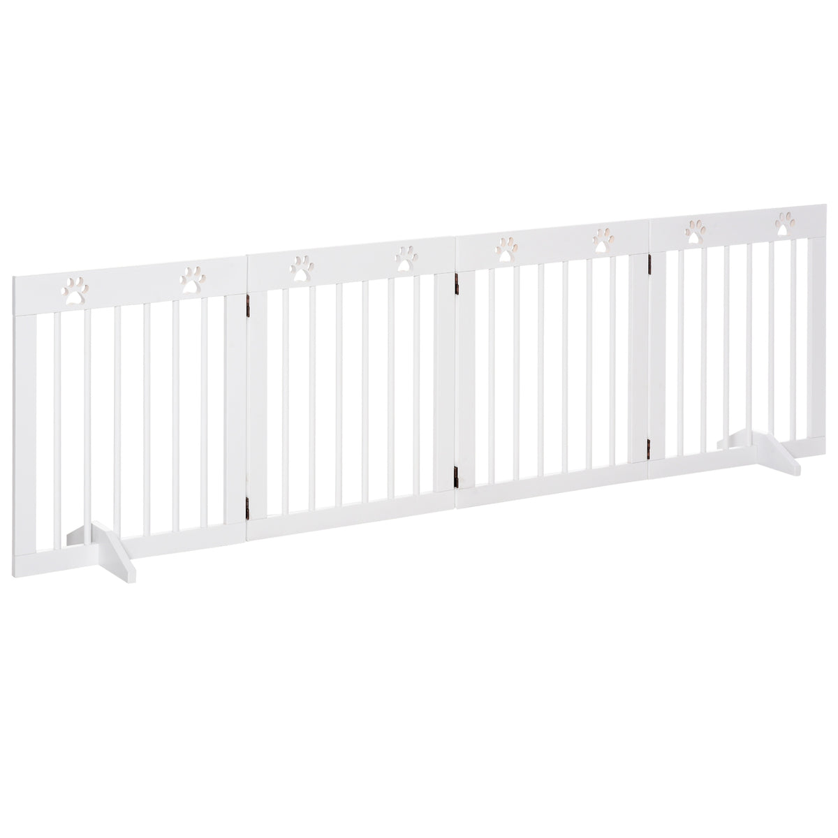 PawHut white four-panel wooden pet gate with vertical slats, paw cutouts and support feet