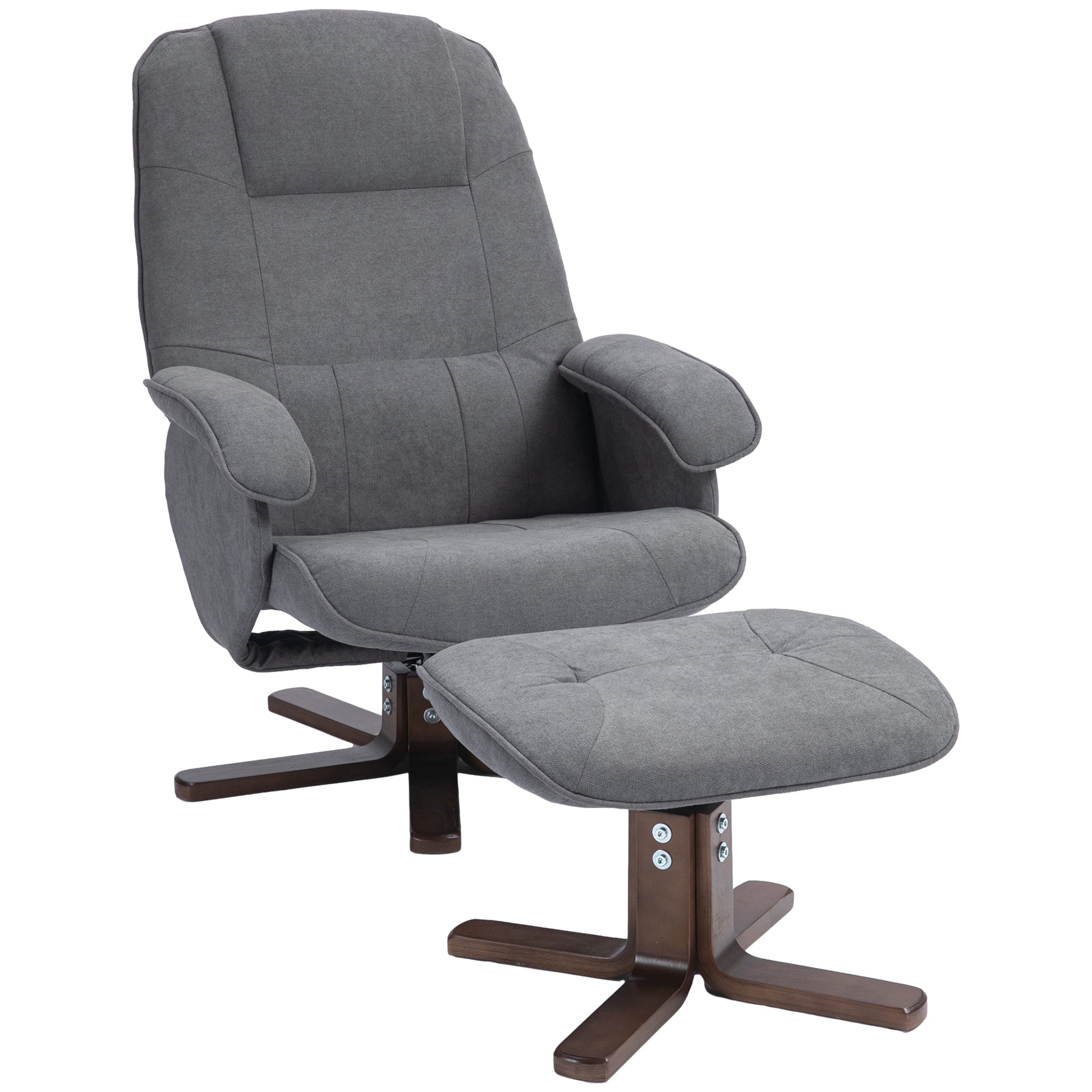 Photo of HOMCOM Linen Swivel Recliner Chair with Footstool, Upholstered Reclining Armchair with Wooden Base for Living Room, Grey in Grey colour on a white background