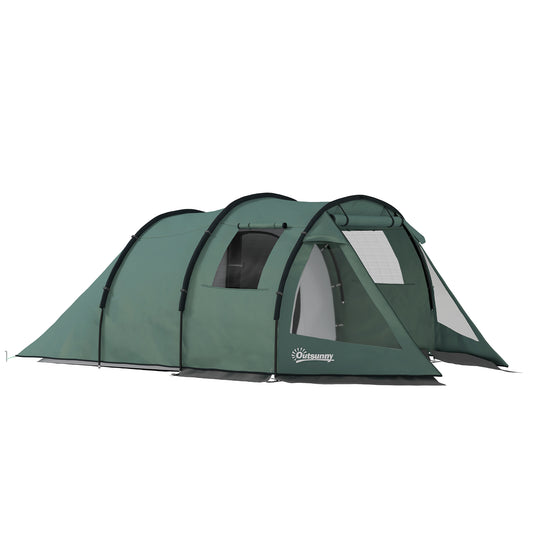 Photo of Outsunny Two Room Tunnel Tent Camping Tent for  3-4 Man with Windows, Covers, Carry Bag, for Fishing, Hiking, Sports, Green in Green colour on a white background