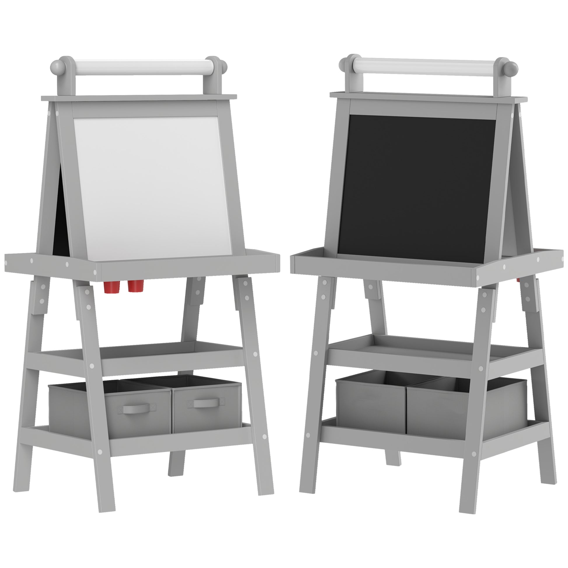 Photo of AIYAPLAY 3 in 1 Kids Easel Double-Sided Magnetic Whiteboard and Chalkboard with Paper Roll, Storage Baskets - Grey in Grey colour on a white background